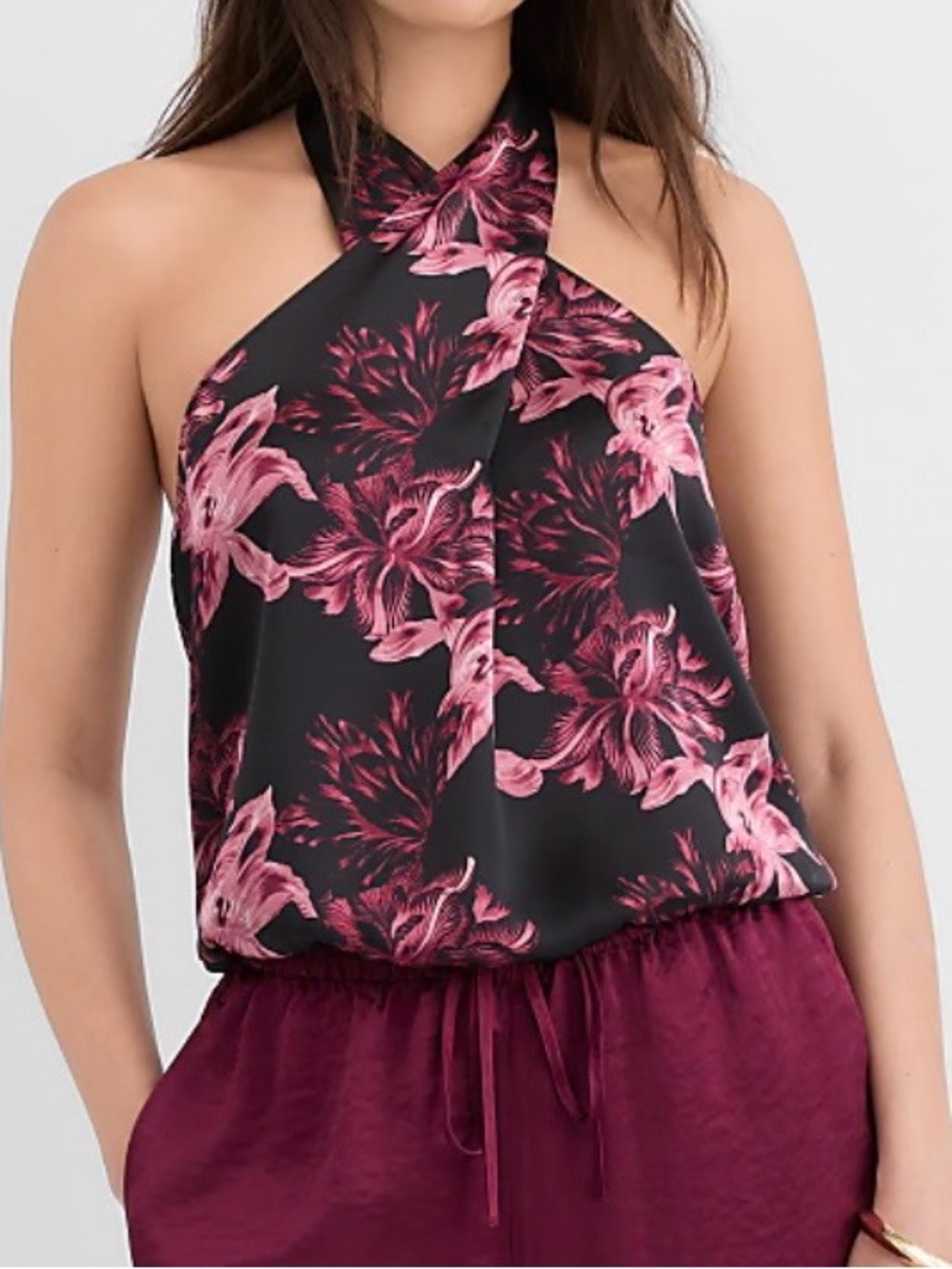 LOFT Lily Satin Wrap Halter Top in a Beautiful Floral Print